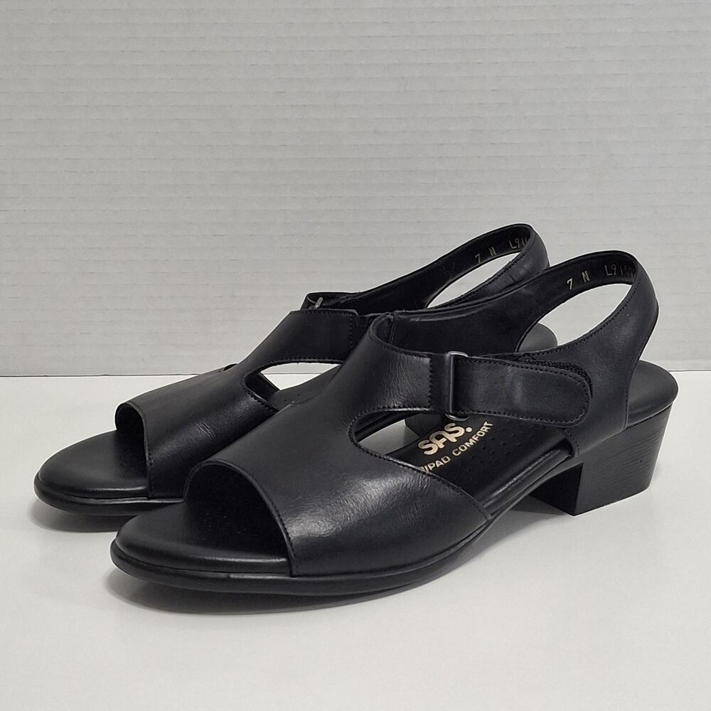 SAS Women's Suntimer Sz 7N Narrow Black Leather Sandals Tripad Comfort